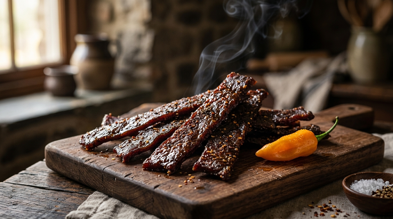Datil pepper beef jerky on a wooden board with a fresh datil pepper