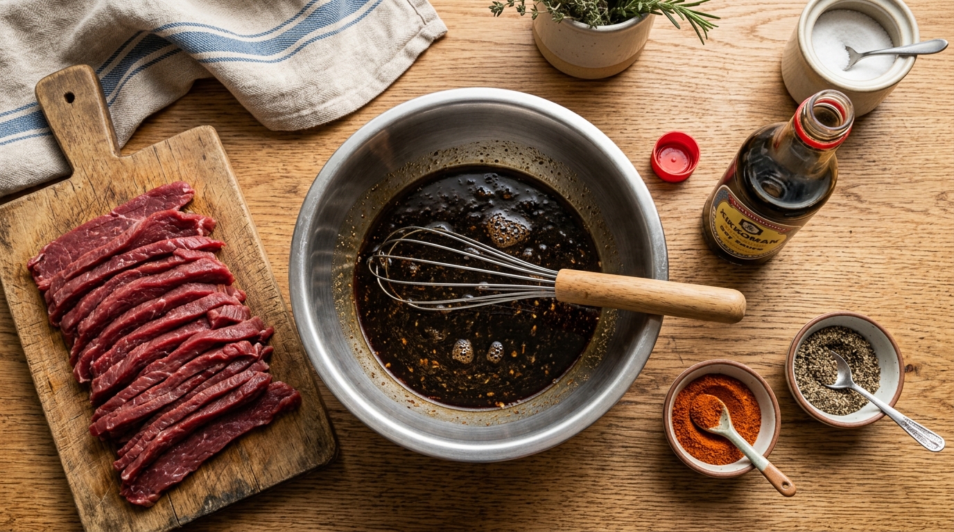 Beef jerky marinade ingredients with soy sauce, spices, and sliced beef