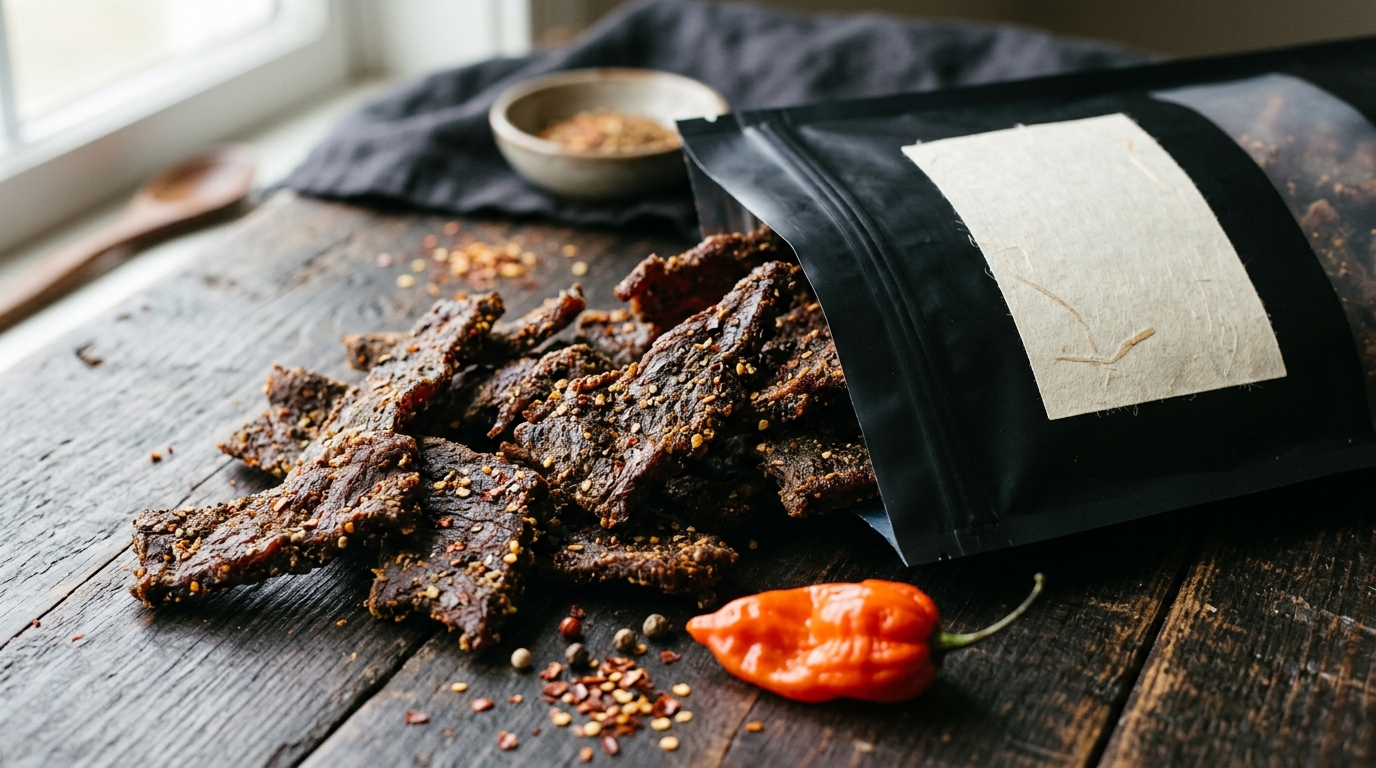 Finished datil pepper beef jerky spilling from a matte black pouch