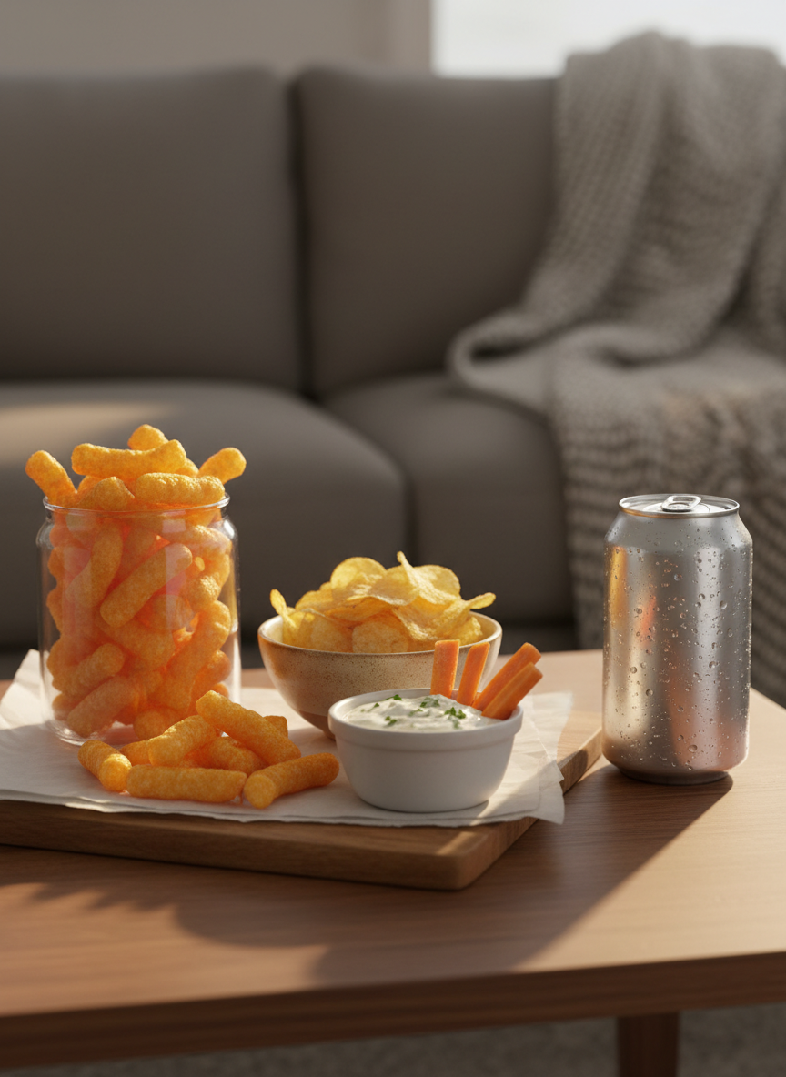 A cozy snack spread arranged on a low coffee table in front of a blurred, neutral-toned living room, perfect for quick-hit cravings. A parchment-lined wooden board holds a tall glass jar of glossy orange cheese puff twists spilling out, a small ceramic bowl piled with salted potato chips, and a ramekin of creamy, speckled ranch dip with ridged carrot sticks balanced on the rim. A can of sparkling water with condensation beading on its surface stands nearby. Soft, diffused evening lamplight from the right creates gentle highlights on the metallic can and translucent chips, with soft-edged shadows falling across the tabletop. Shot at eye level with a playful, photographic realism style, the composition uses rule of thirds, focusing on the snacks while the background sofa and throw blanket melt into a warm, inviting blur that suggests casual, no-fuss snacking moments.