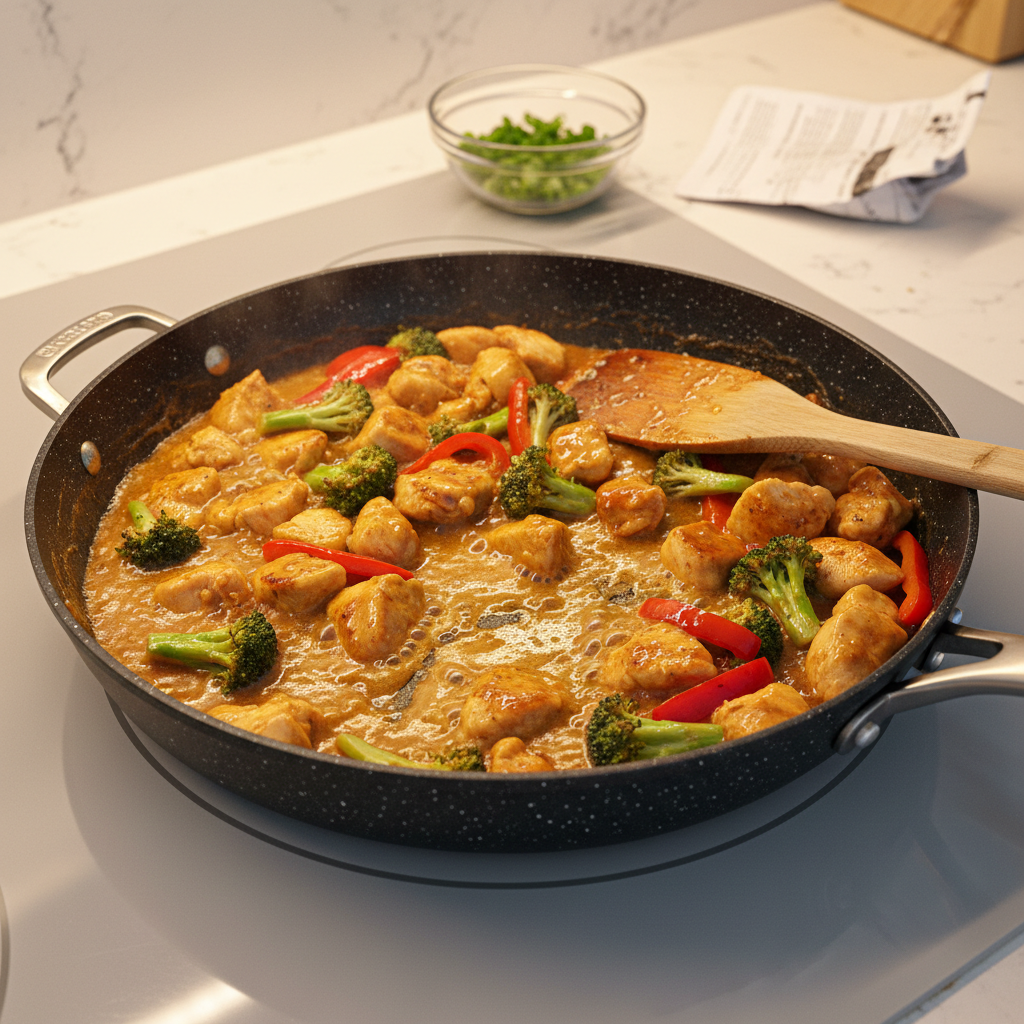 A single nonstick skillet mid-sizzle on a clean, light-gray induction cooktop, filled with bite-sized, golden-browning chicken pieces, bright broccoli florets, and glossy red pepper strips coated in a sticky, caramelizing sauce. Tiny bubbles gather around the edges of the pan, and a wooden spatula rests diagonally across the skillet rim, lightly stained from previous recipes. The background is a softly blurred, minimalist kitchen counter with a small glass bowl of pre-chopped green onions and a casually crumpled paper recipe printout. Warm, directional under-cabinet lighting casts lively reflections on the sauce and creates crisp, energetic shadows. Photographic realism, captured at a slightly elevated three-quarter angle with shallow depth of field, gives an upbeat, weeknight hustle vibe—playful, approachable, and full of motion, as if paused in the middle of an easy, step-by-step cooking video.