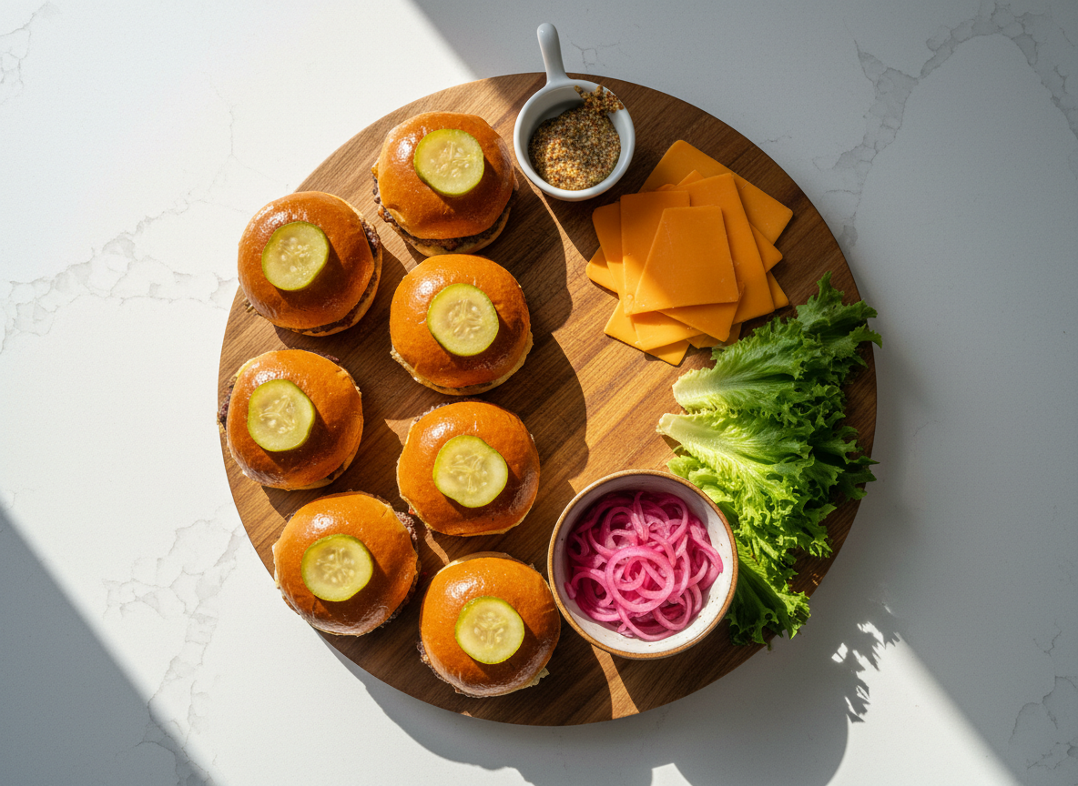 A playful top-down view of a party platter assembly station on a bright white quartz countertop, featuring a large, round wooden board half-finished with crave-worthy bites. One side is meticulously arranged with mini sliders on glossy brioche buns, each topped with a shiny pickle slice, while the other side is still scattered with ingredients: folded slices of sharp cheddar, a small bowl of tangy pickled onions, and a line of crisp lettuce leaves. A tiny dish of grainy mustard shows a smear from recent use. Natural midday light pours in from an unseen window, creating clean, crisp shadows and subtle reflections on the countertop. The mood is energetic and fun, with photographic realism, vibrant colors, and a slightly elevated angle that captures the feeling of pausing mid-video to show how easy it is to build an impressive party platter step by step.