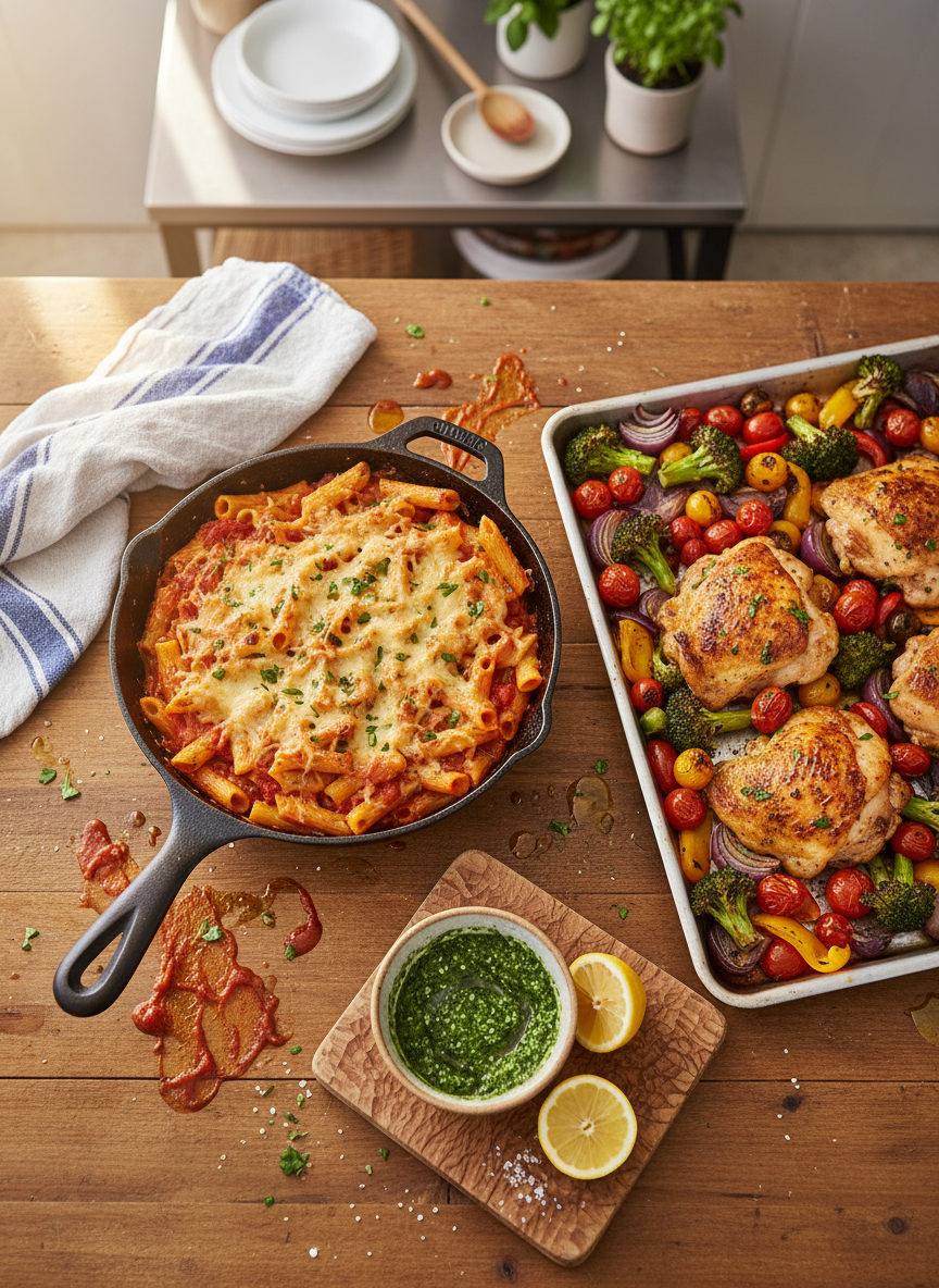 A vibrant overhead shot of a rustic wooden kitchen table covered with an array of colorful, easy weeknight dinner dishes. A bubbly cast-iron skillet of cheesy baked pasta, a sheet pan loaded with roasted vegetables and golden chicken thighs, and a small bowl of bright green chimichurri sit on a slightly worn cutting board. Scattered around are smeared sauce drips, a lemon half, a sprinkled pinch of flaky salt, and a neatly folded striped kitchen towel. Soft late-afternoon natural light from the left creates gentle highlights on glossy sauces and crisp textures, fading into a subtle bokeh background of blurred kitchen elements. The mood is playful, inviting, and unpretentious, captured in photographic realism with sharp focus on the food and a clean, modern composition that feels like a snapshot from an approachable home cooking video.