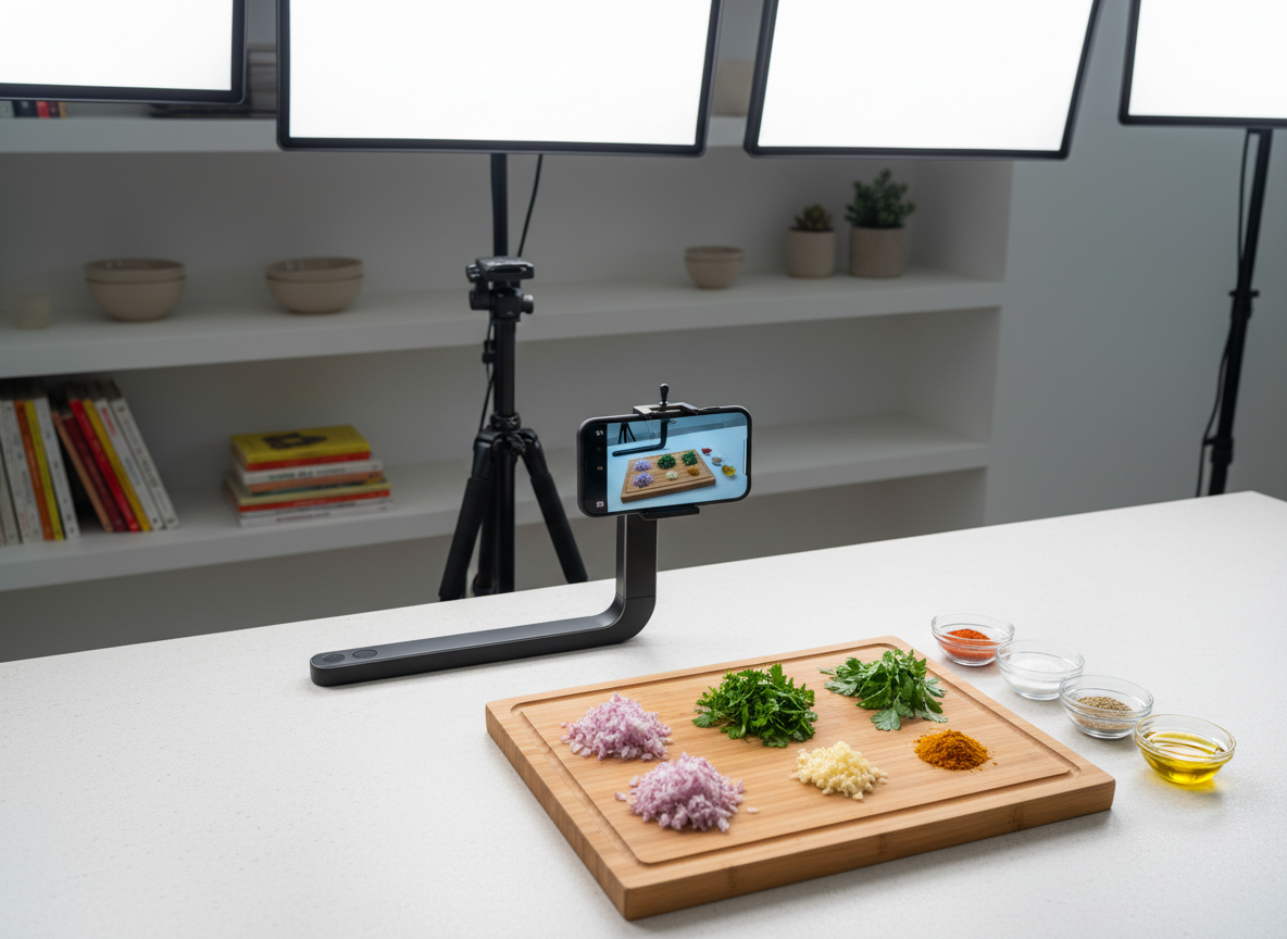 A bright, modern kitchen island setup tailored for shooting recipe videos without any people present. A sturdy tripod stands behind a sleek smartphone mounted horizontally, its screen glowing with a live view of a cutting board centered on a pale stone countertop. On the board sit neatly chopped red onions, a pile of vivid green herbs, and a small mound of minced garlic, each forming tidy, distinct clusters. To the side, small glass prep bowls hold colorful spices and a swirl of golden olive oil. Overhead, soft, diffused LED panel lights cast even, shadow-minimizing illumination, creating a clean, high-production look while keeping textures crisp and appetizing. The background, gently blurred, shows simple open shelving with neutral bowls and cookbooks. Photographic realism with a slightly elevated angle emphasizes an organized, playful, and accessible cooking-video workspace.